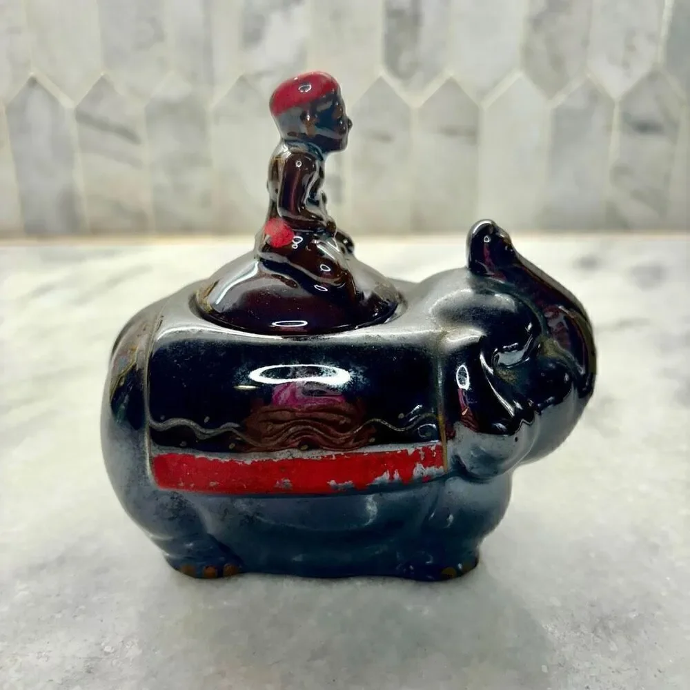 Vintage Elephant Boy Rider Pottery Ceramic Sugar Bowl Or Trinket Brown 5